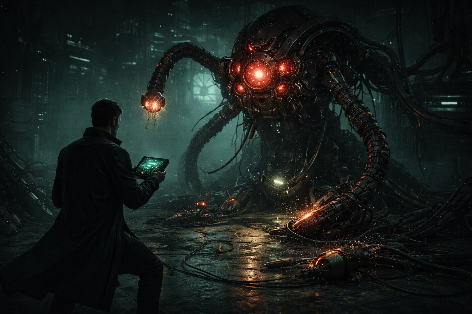 Cinematic image of a damaged machine being dismantled and reworked