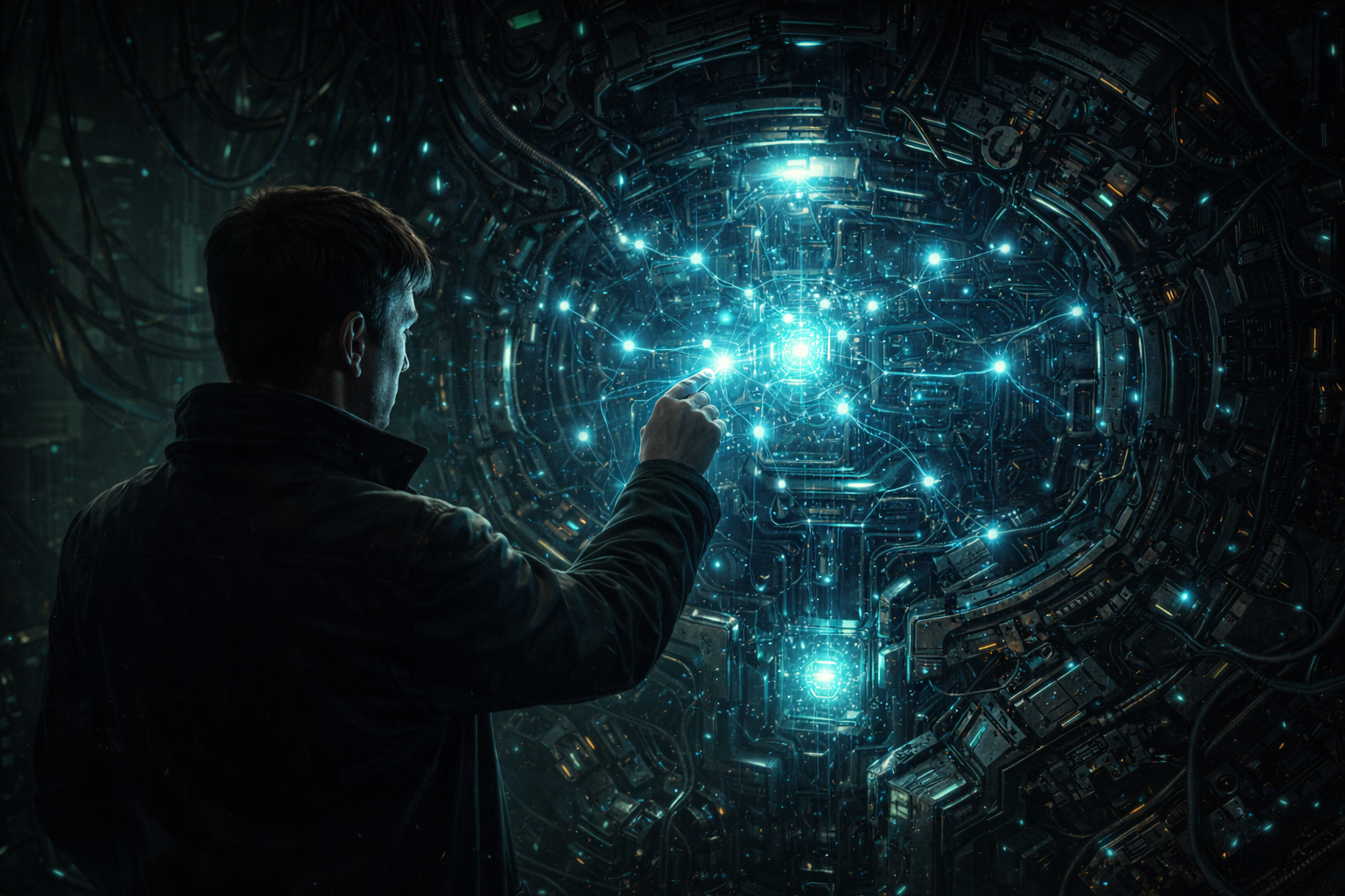 Cinematic image of engineer modifying machine core circuitry