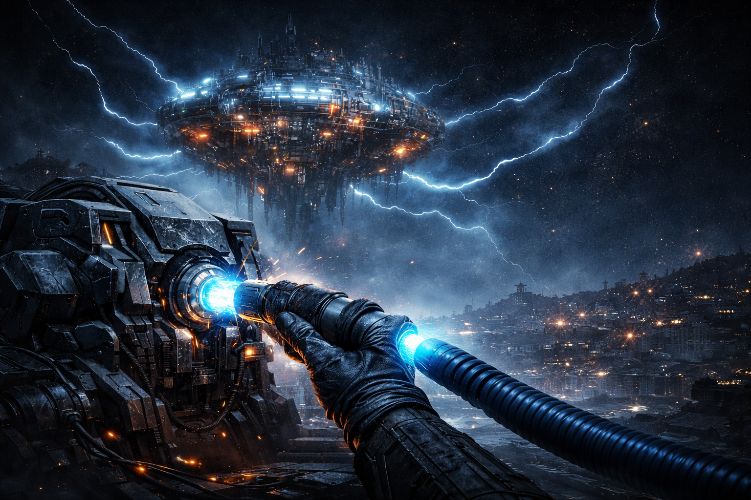 Cinematic image of a controlled external data feed being routed into a machine