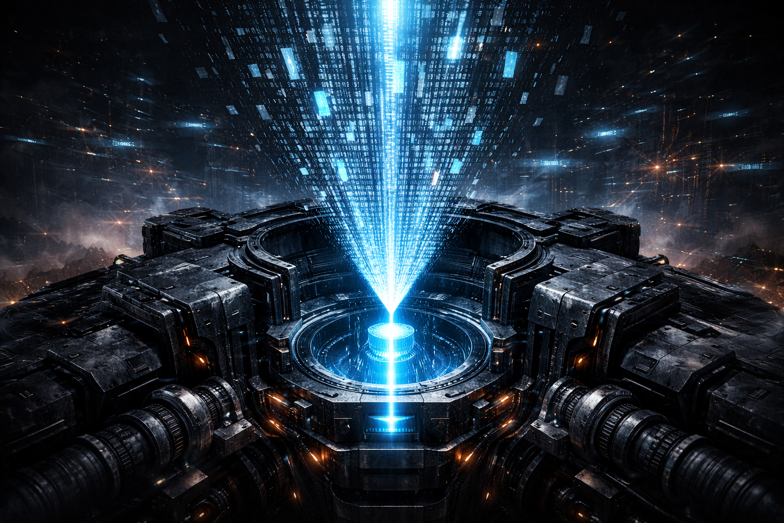 Cinematic image of data streams being narrowed before entering a machine core