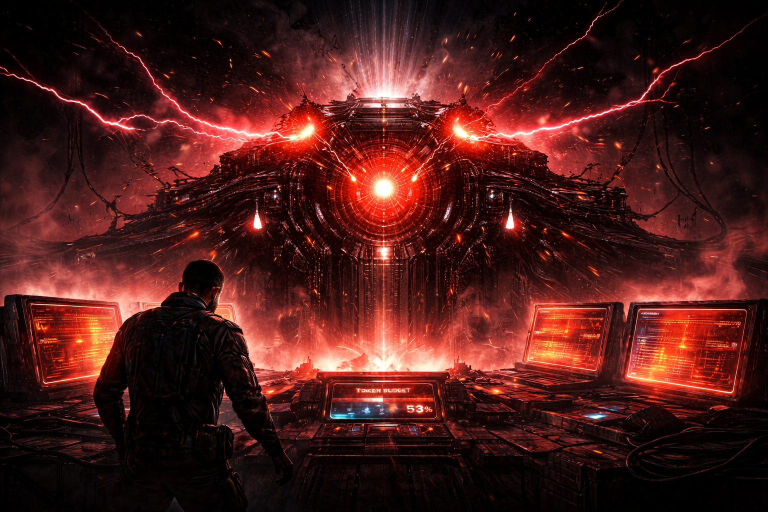 Cinematic image of an overloaded machine core during a system failure