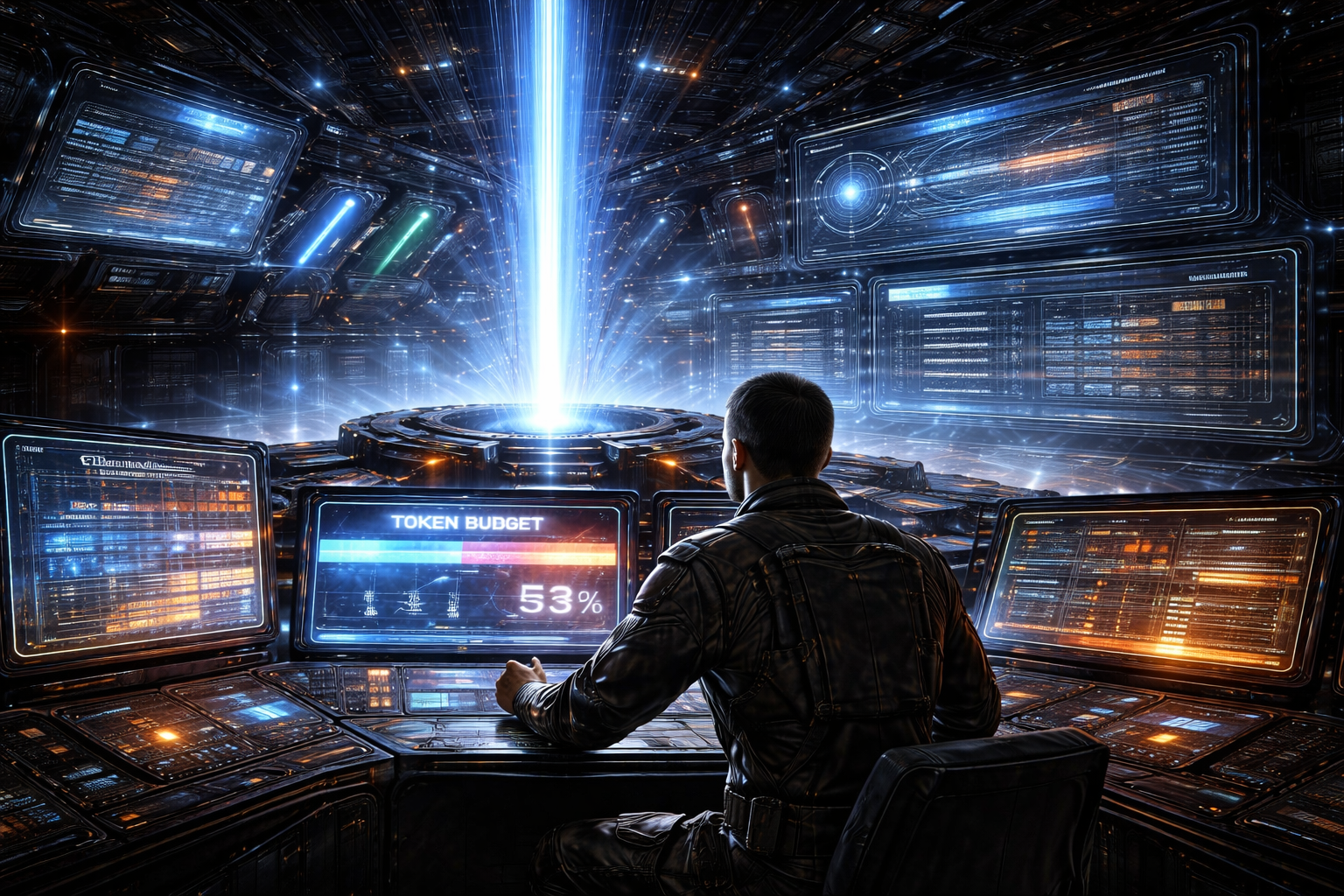 Cinematic image of an operator monitoring a stable AI system from a control console