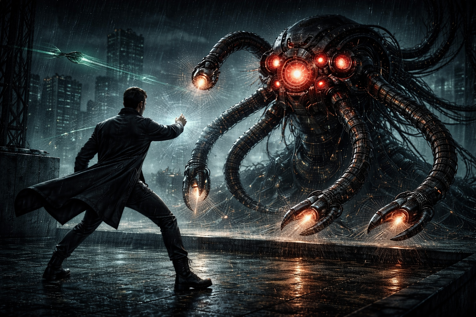 Cinematic illustration of a person confronting a powerful tentacled machine in a storm